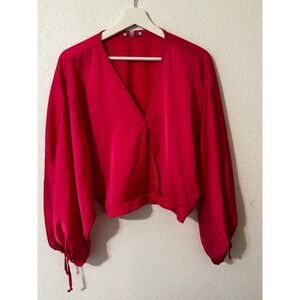 Fashion Nova Womens Long Sleeve Blouse Top‎ V Neck Red  Cropped Wrap Small